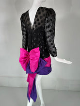 1980s Black Velvet Dot with Draped Pink & Purple Taffeta Skirt & Huge Bow Back