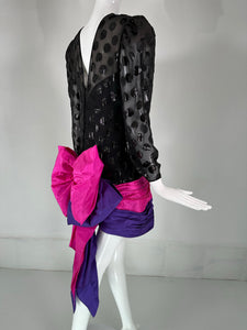 1980s Black Velvet Dot with Draped Pink & Purple Taffeta Skirt & Huge Bow Back