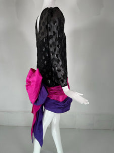 1980s Black Velvet Dot with Draped Pink & Purple Taffeta Skirt & Huge Bow Back