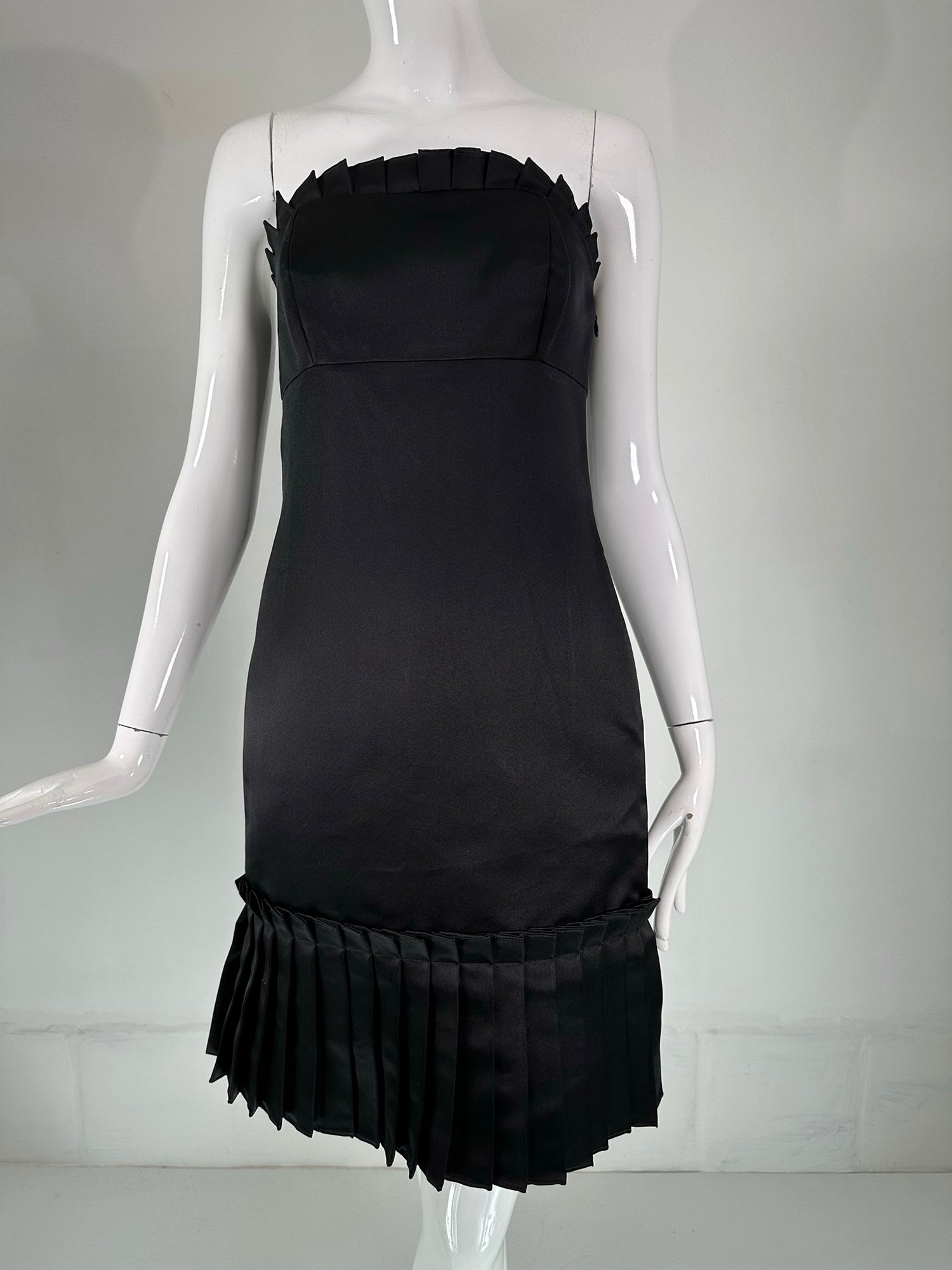 Bill Blass Black Silk Satin Strapless Cocktail Dress with Tailored Ple Palm Beach Vintage Bill Blass Black Silk Satin Strapless Cocktail Dress with Tailored Ple Palm Beach Vintage