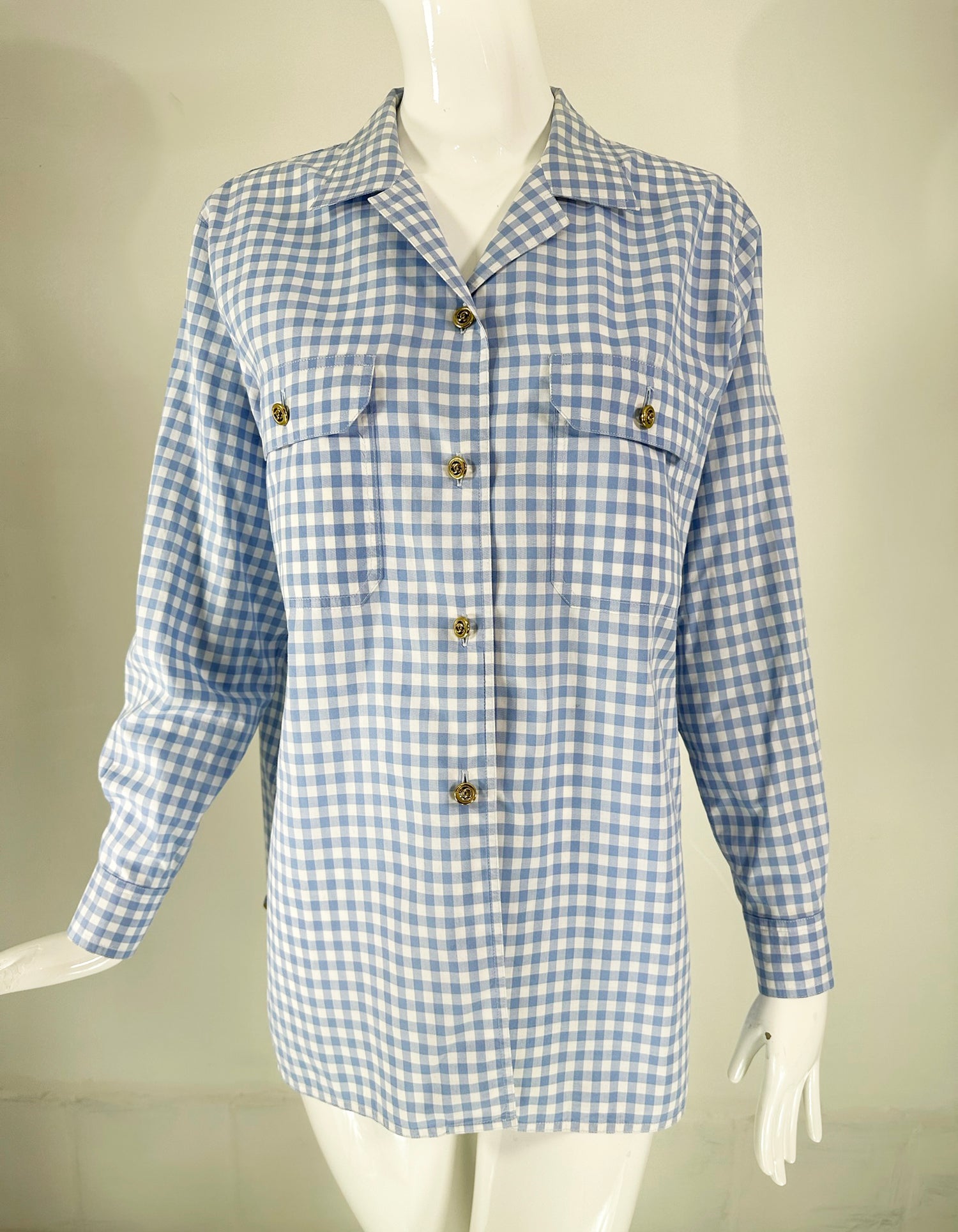 Chanel S/S 1995 Blue & White Cotton Check Long Sleeve Button Front