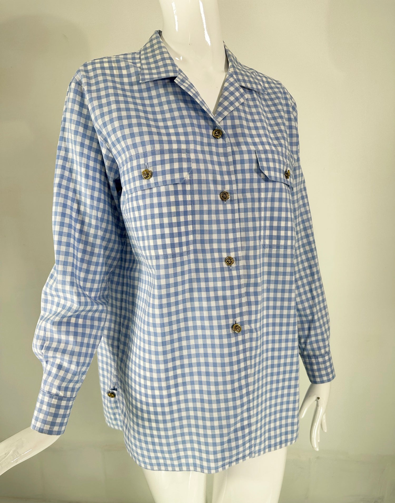 Chanel S/S 1995 Blue & White Cotton Check Long Sleeve Button Front