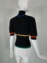 Chanel Rare 1980s Black Cotton Crochet Sweater Colour Stripes Logo Button