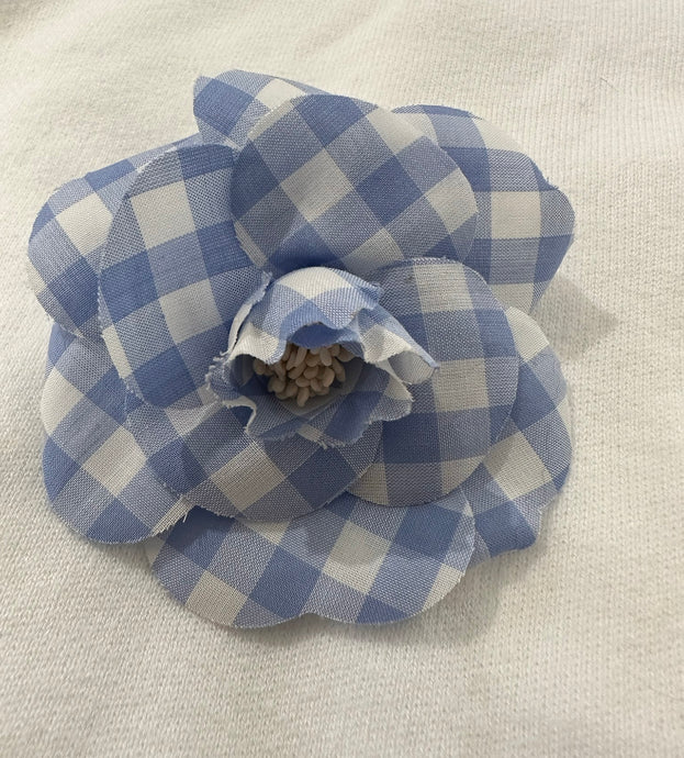 Chanel Rare to Find S/S 1995 Blue & White Gingham Camellia Flower Pin