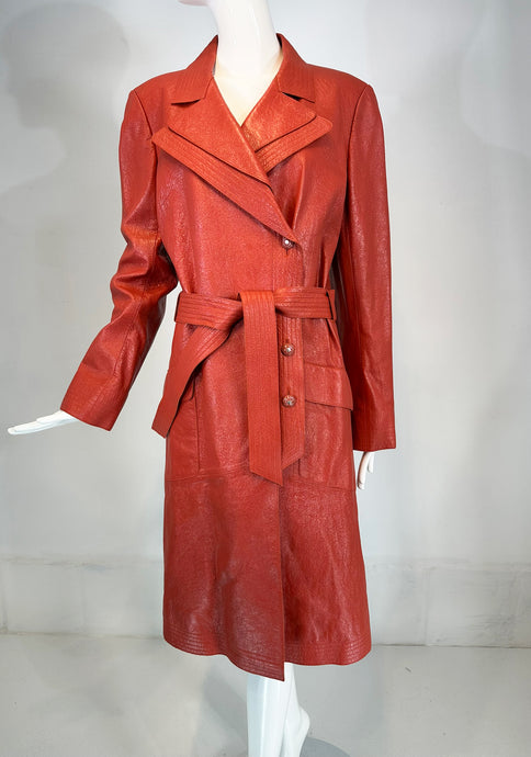 SOLD Chanel 2004P  Brick Red Glazed Leather Belted Coat With Enamel Buttons 44