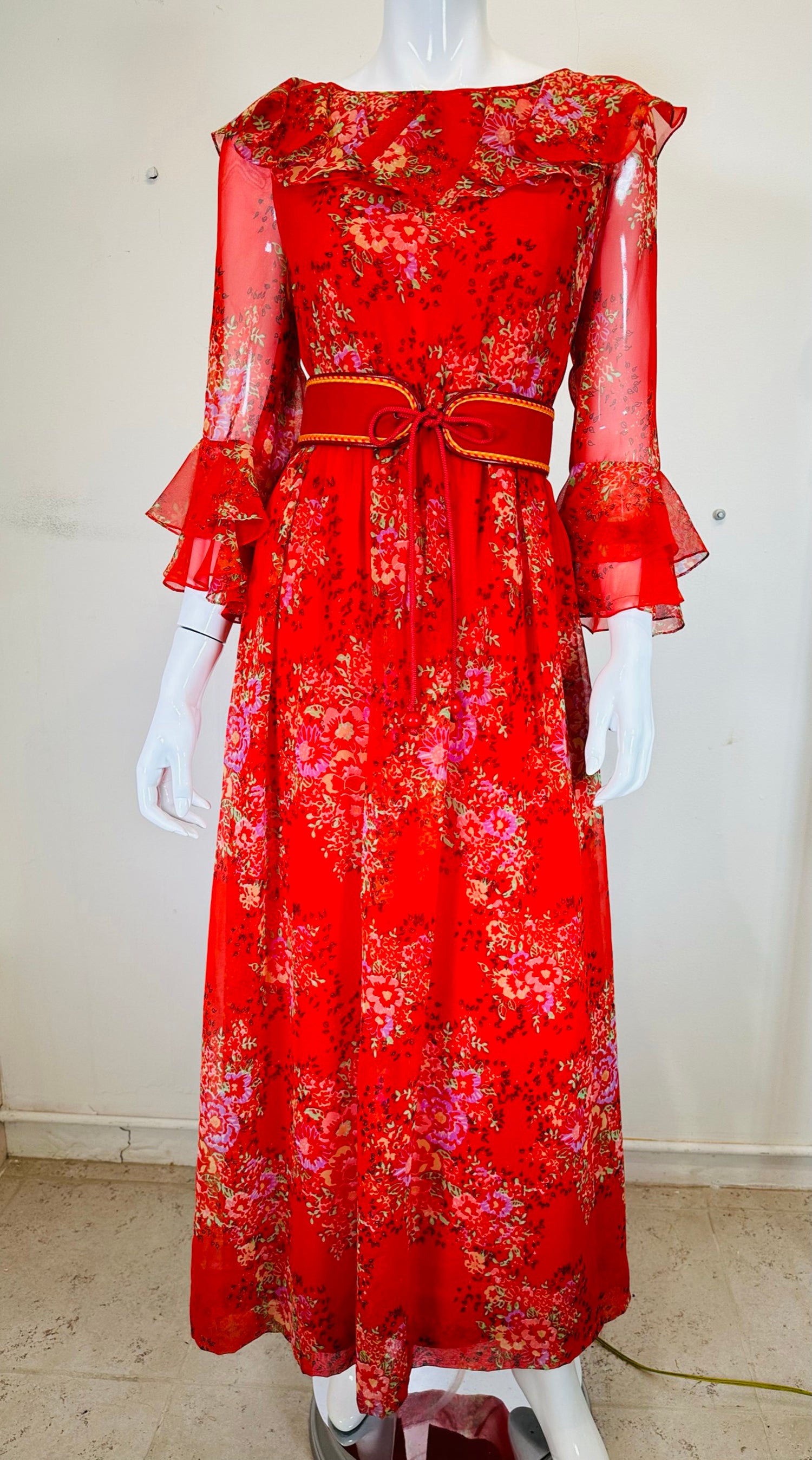 Adele Simpson Red Floral Chiffon Ruffle Neckline Maxi Dress