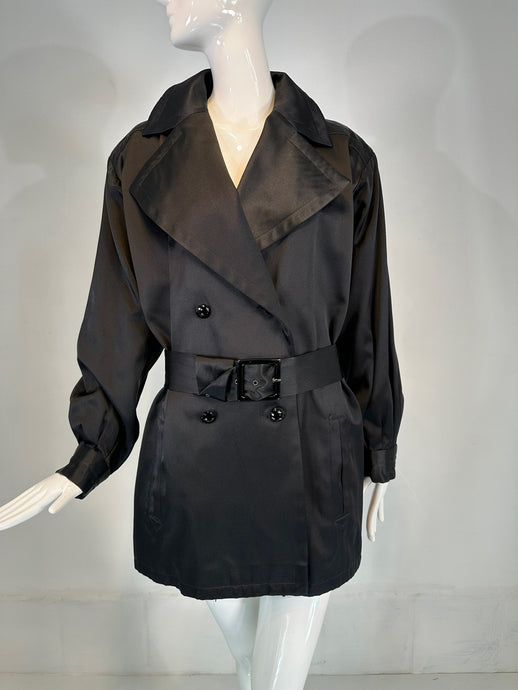 Yves Saint Laurent Rive Gauche Black Satin Wide Lapel Belted Evening Jacket 1990