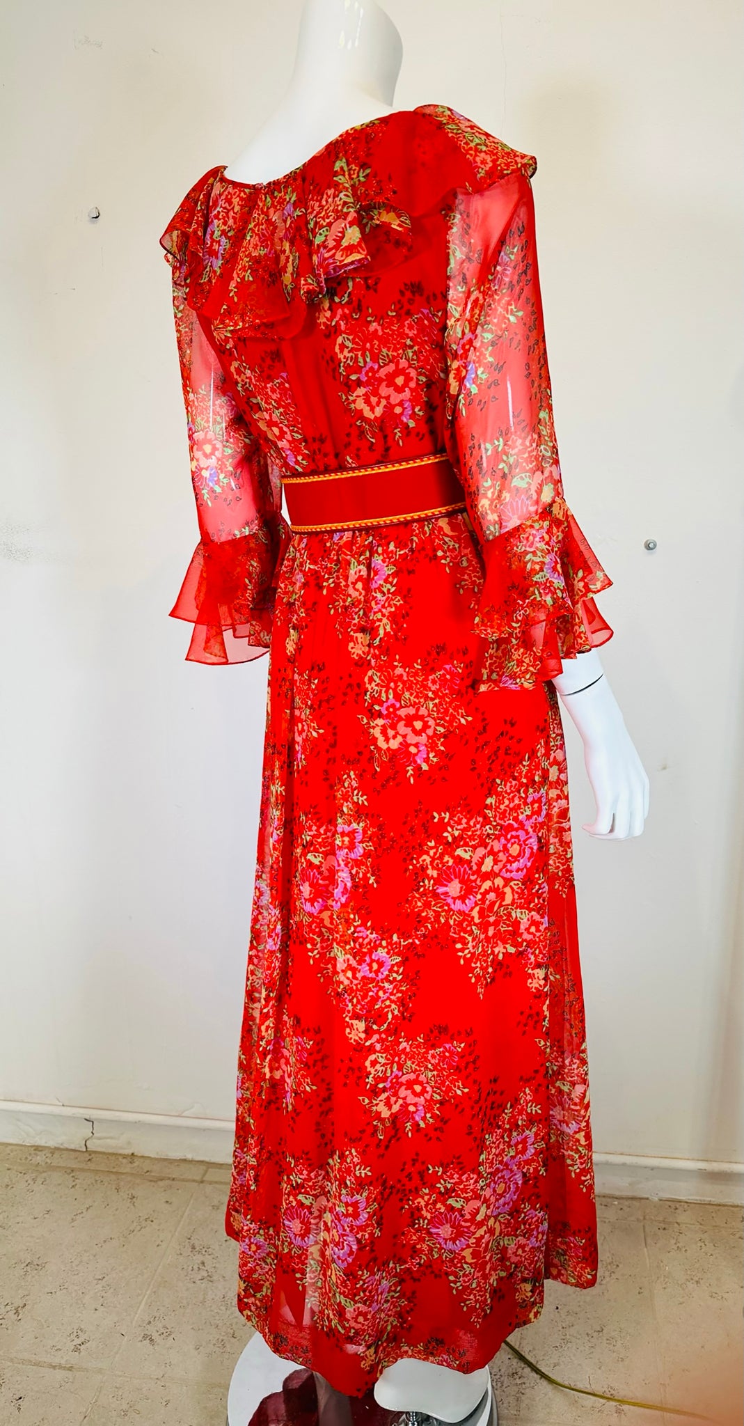 Adele Simpson Red Floral Chiffon Ruffle Neckline Maxi Dress From the 1 Palm Beach Vintage Adele Simpson Red Floral Chiffon Ruffle Neckline Maxi Dress From the 1 Palm Beach Vintage