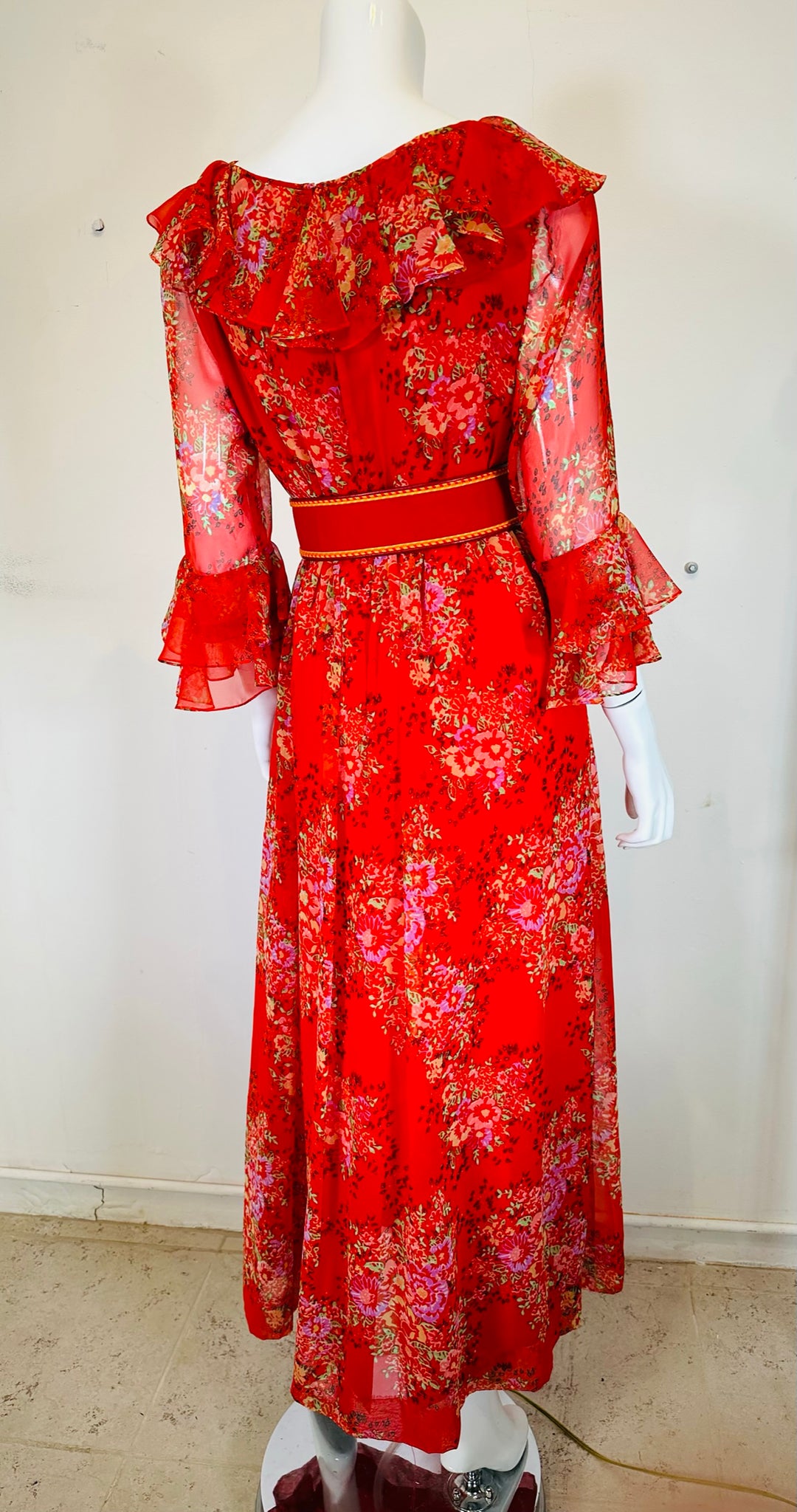 Adele Simpson Red Floral Chiffon Ruffle Neckline Maxi Dress From the 1 Palm Beach Vintage Adele Simpson Red Floral Chiffon Ruffle Neckline Maxi Dress From the 1 Palm Beach Vintage