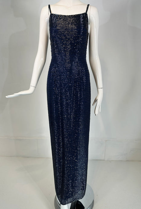 Navy Blue Glass Beaded Silk Slip Dress Evening Dress Saks 5th Ave.  XS