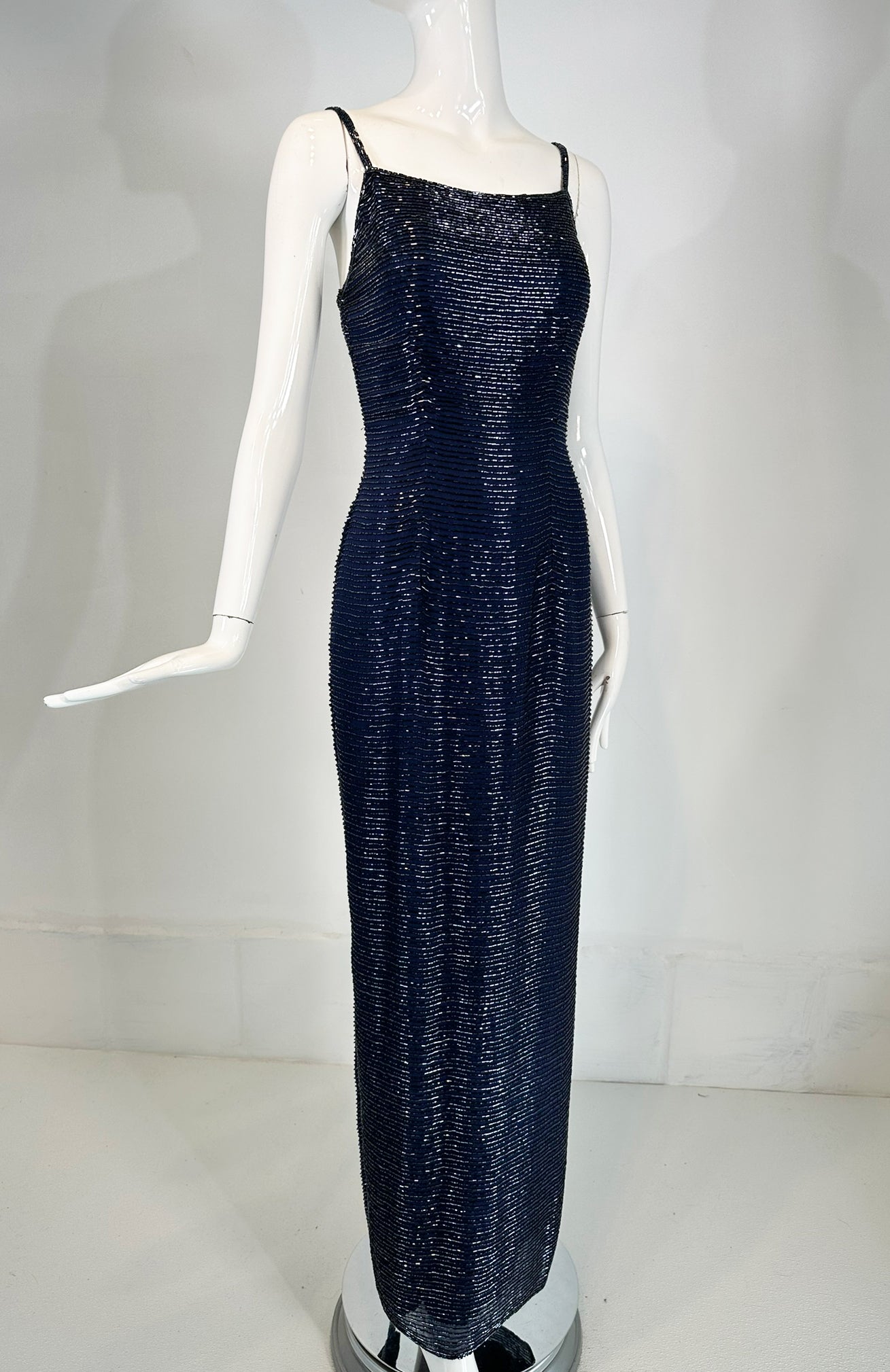 Navy Blue Glass Beaded Silk Slip Dress Evening Dress Saks 5th Ave. XS Palm Beach Vintage Navy Blue Glass Beaded Silk Slip Dress Evening Dress Saks 5th Ave. XS Palm Beach Vintage