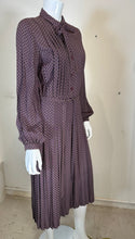 Albert Nipon Plum with Grey Mini Circles Pleated Skirt Shirtwaist Dress 1970s