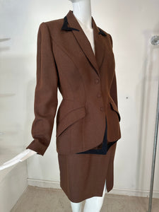 Thierry Mugler Brown Wool Twill Skirt Set Cut Out Collar & Hem 1980s 40