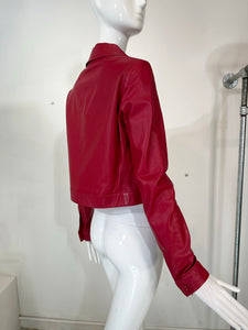 Romeo Gigli Buttery Soft Garnet Leather Cropped Rose Button Spencer Jacket