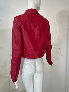 Romeo Gigli Buttery Soft Garnet Leather Cropped Rose Button Spencer Jacket