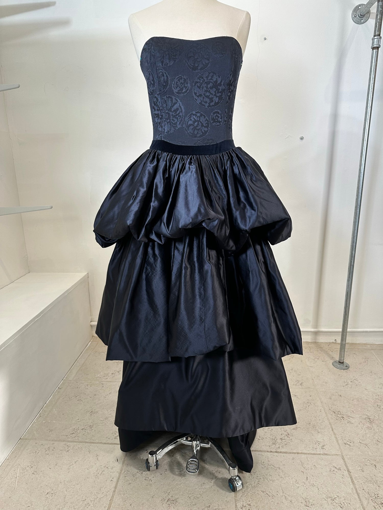 SOLD Louis Feraud Blue Damask Dark Blue Silk Tiered Poof Evening Gown Palm Beach Vintage SOLD Louis Feraud Blue Damask Dark Blue Silk Tiered Poof Evening Gown Palm Beach Vintage