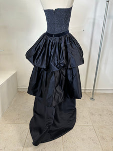 Louis Feraud Blue Damask Dark Blue Silk Tiered Poof Evening Gown With Train