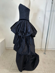 Louis Feraud Blue Damask Dark Blue Silk Tiered Poof Evening Gown With Train
