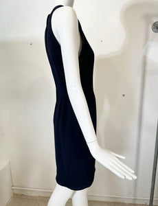 Irene Galitzine Couture Navy Blue Racer Neck Fitted Sheath Braid Trim Dress 1960s 1960