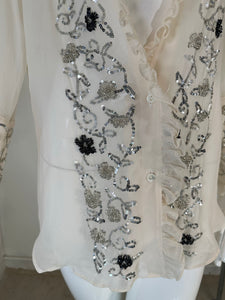 Dolce & Gabbana White Silk Chiffon Plunge Neck Glittery Sequin Blouse 44