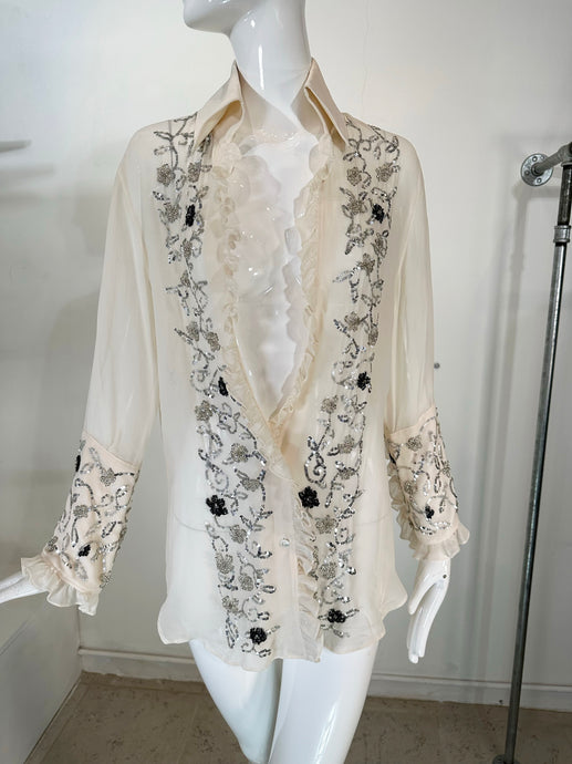 Dolce & Gabbana White Silk Chiffon Plunge Neck Glittery Sequin Blouse 44
