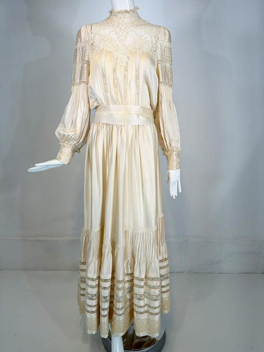 1970s Ivory Silk Satin & Lace Hand Made Victorian Style Wedding Dress Medium