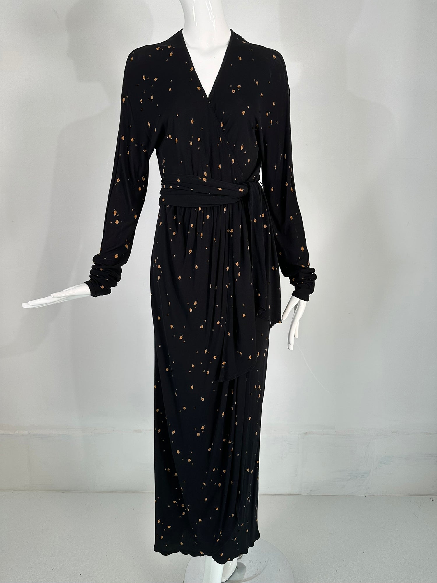Jaeger 1970s Gold Leaf Printed Black Rayon Open Back Maxi Wrap Dress U Palm Beach Vintage Jaeger 1970s Gold Leaf Printed Black Rayon Open Back Maxi Wrap Dress U Palm Beach Vintage