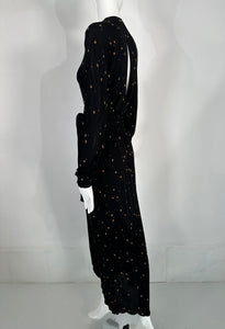 Jaeger 1970s Gold Leaf Printed Black Rayon Open Back Maxi Wrap Dress