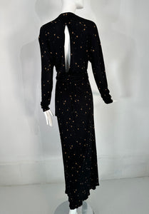 Jaeger 1970s Gold Leaf Printed Black Rayon Open Back Maxi Wrap Dress