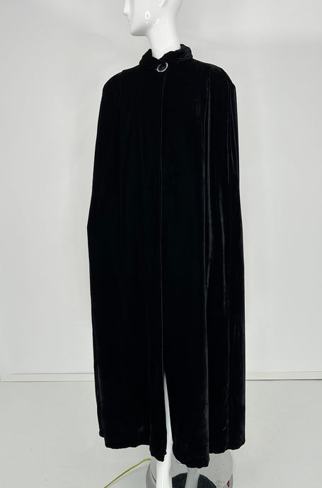 1930s Black Velvet Evening Cape with a Ruffle Collar & Large Button Closure