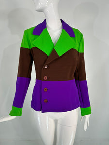 Issey Miyake Colour Block Knit Jacket in Acid Green Brown & Purple Small