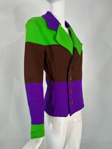 Issey Miyake Colour Block Knit Jacket in Acid Green Brown & Purple Small