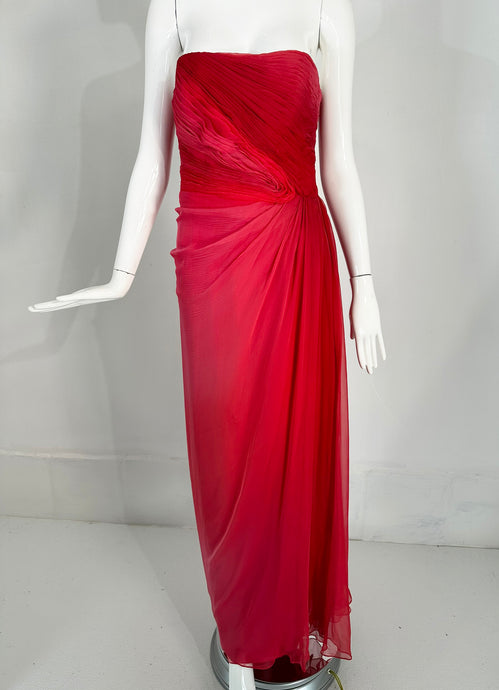 Monique Lhuillier Collection Red Pink Pleated Ombre Silk Chiffon Strapless Gown