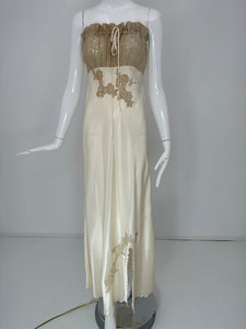 1950s Champagne Rayon Satin Bias Strapless Lace Bodice & Applique Night Gown