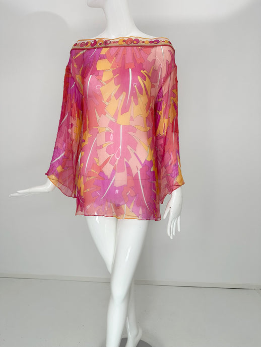 Emilio Pucci Pink Print Sheer Silk Chiffon Tunic Top with Tropical Foliage 8