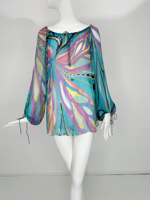 Emilio Pucci Turquoise Print Sheer Silk Chiffon Drawstring Peasant Blouse 6