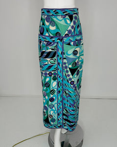 Emilio Pucci 1970s Vivara in Blue Cotton Twill Print Yoke Hip Maxi Skirt 10