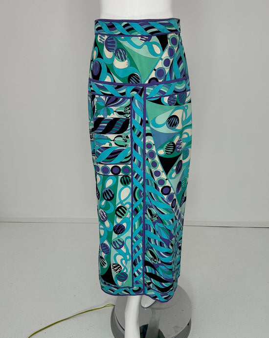 Emilio Pucci 1970s Vivara in Blue Cotton Twill Print Yoke Hip Maxi Skirt 10