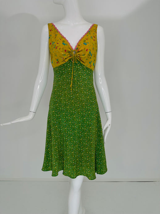 Etro Yellow/Green Mix Mini Floral Print V Neck Crochet Trim Sleeveless Dress 44