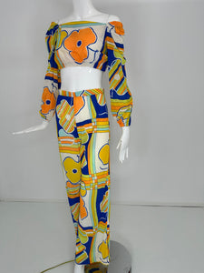 1960s 2pc Wild Print Long Sleeve Crop Top & Matching Pant Set Small