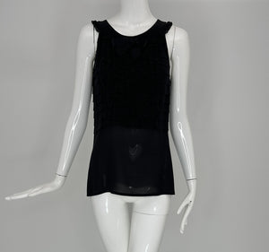 Chanel Boutique Black Lace Bib Front Bow Neck Pleated Sleeveless Top