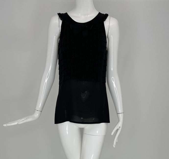 Chanel Boutique Black Lace Bib Front Bow Neck Pleated Sleeveless Top
