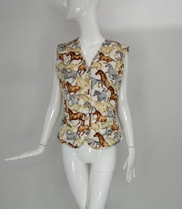 Escada Vintage Wild Horses Quilted Silk Print Vest 38