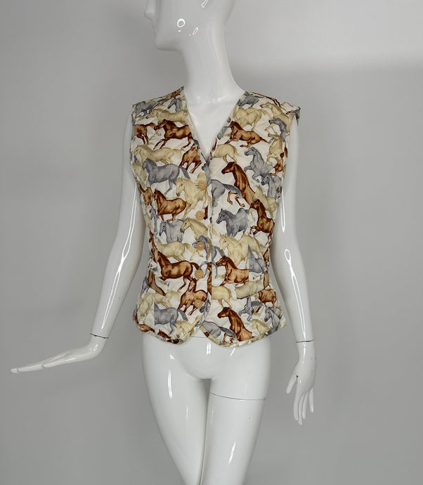 Escada Vintage Wild Horses Quilted Silk Print Vest 38