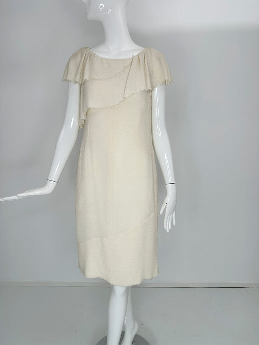 Chanel 2008P White Boucle Raw Edge Ruffle & Hem Day Dress 34