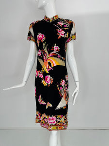 Leonard Paris Rare Cheongsam Style Silk Jersey Butterfly Phoenix Print Dress