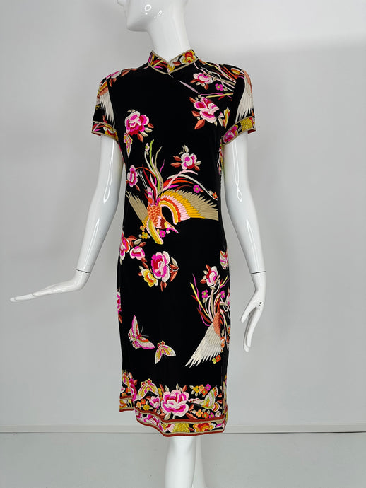 Leonard Paris Rare Cheongsam Style Silk Jersey Butterfly Phoenix Print Dress