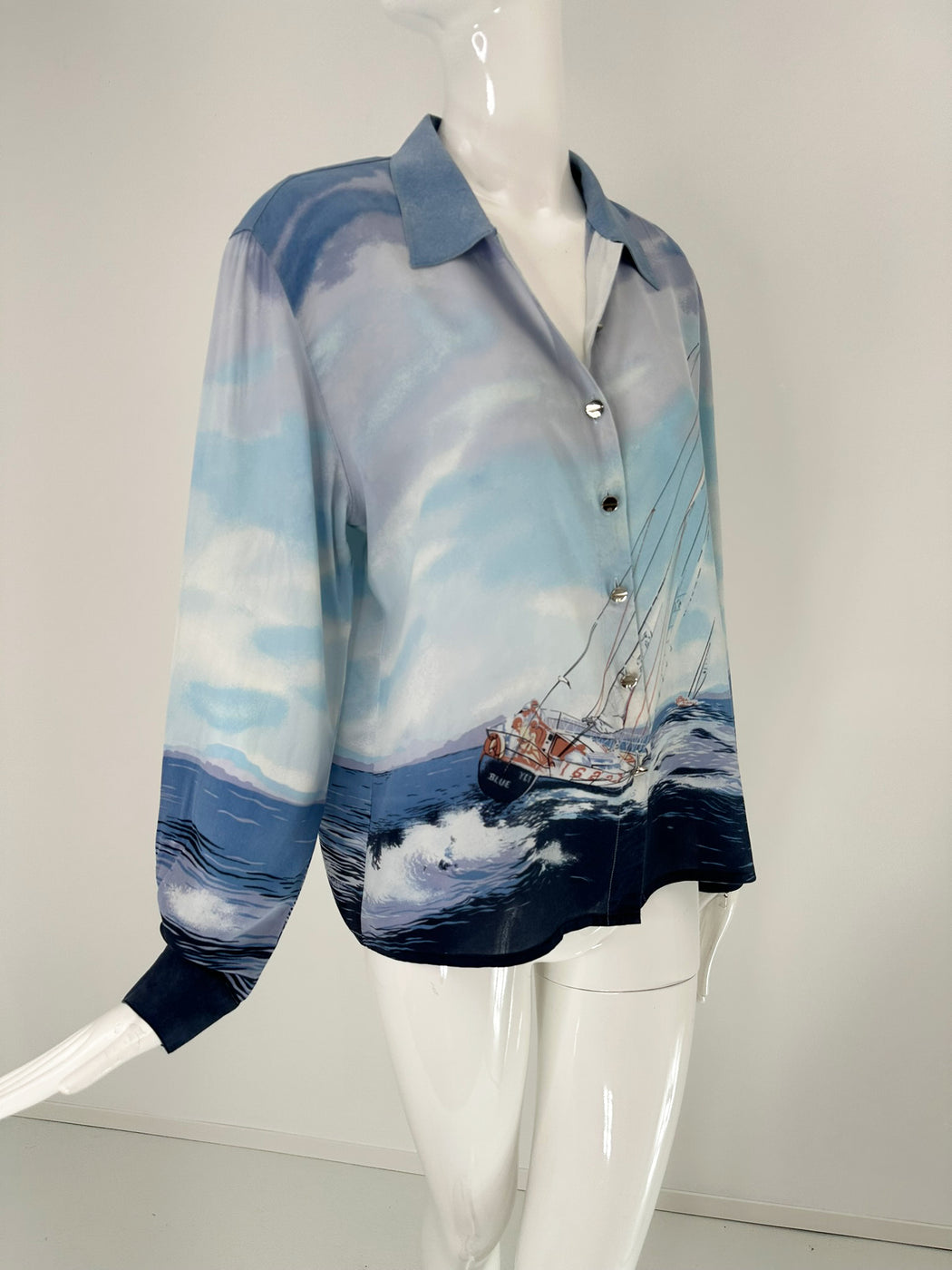 Escada Sail Boat Silk Print Long Sleeve Button Front Blouse 42