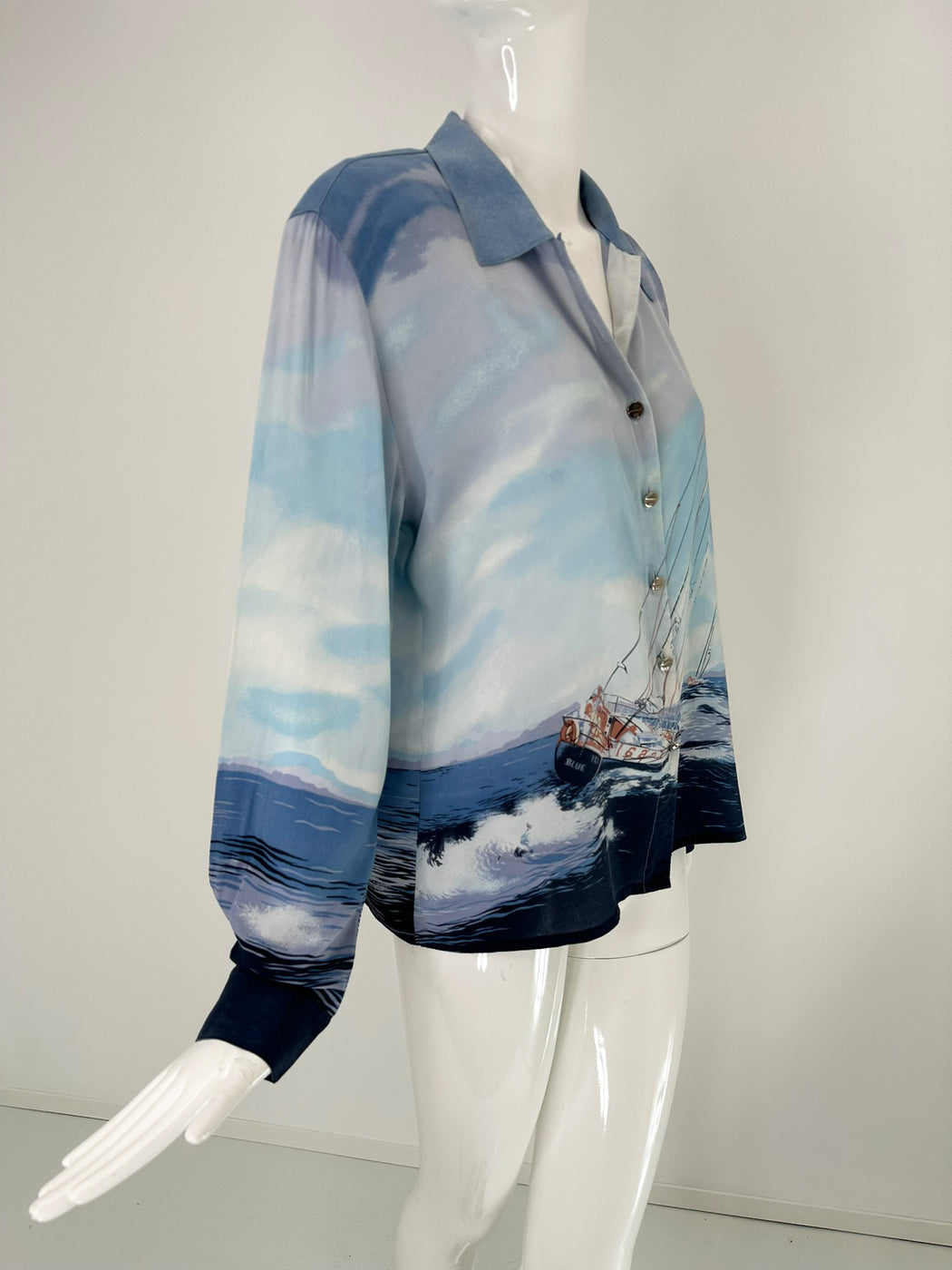 Escada Sail Boat Silk Print Long Sleeve Button Front Blouse 42