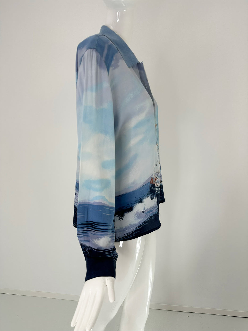 Escada Sail Boat Silk Print Long Sleeve Button Front Blouse 42